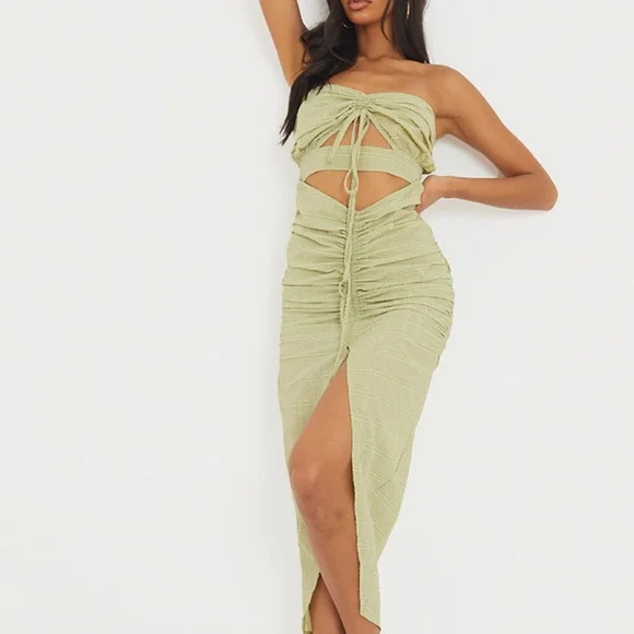 pretty little thing green ruched dress Anna Girls Dresses One-line Collar Costumes Gauze Dress Green Dress Fr –  CQDY main image 1